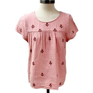 PINK CHICKEN Embroidered Flowers Boho Whimsy Top Women Large Peach Pleated